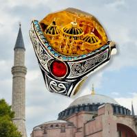 Gümüş Ayasofya Cami Model Otantik Firuze Taşlı Gümüş Erkek Yüzük