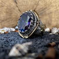 Gümüş Mistik Topaz Taşlı Özel Tasarım Erkek Yüzük Takı