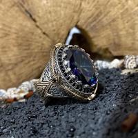 Gümüş Mistik Topaz Taşlı Özel Tasarım Erkek Yüzük Takı
