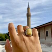 Gümüş Tasarım Damla Kehribar Taşlı Erkek Yüzük Takı