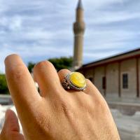 Gümüş Tasarım Damla Kehribar Taşlı Erkek Yüzük Takı