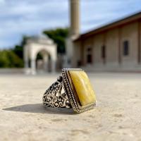 Gümüş Tasarım Damla Kehribar Taşlı Erkek Yüzük Takı