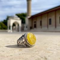 Gümüş Tasarım Damla Kehribar Taşlı Erkek Yüzük Takı