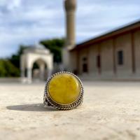 Gümüş Tasarım Damla Kehribar Taşlı Erkek Yüzük Takı