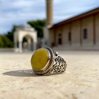 Gümüş Tasarım Damla Kehribar Taşlı Erkek Yüzük Takı