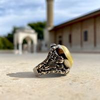 Gümüş Tasarım Damla Kehribar Taşlı Erkek Yüzük Takı