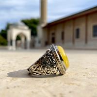 Gümüş Tasarım Damla Kehribar Taşlı Erkek Yüzük Takı