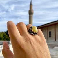 Gümüş Tasarım Damla Kehribar Taşlı Erkek Yüzük Takı