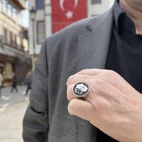 Gümüş Tasarım Kurt Bayrak Üç Hilal Figürlü Erkek Yüzük Takı
