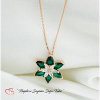 Gümüş özel tasarım Yeşil zirkon taşlı Lotus Çiçekli Papatyalı İnce Trend Rosegold Gümüş Bayan Kadın Kolye